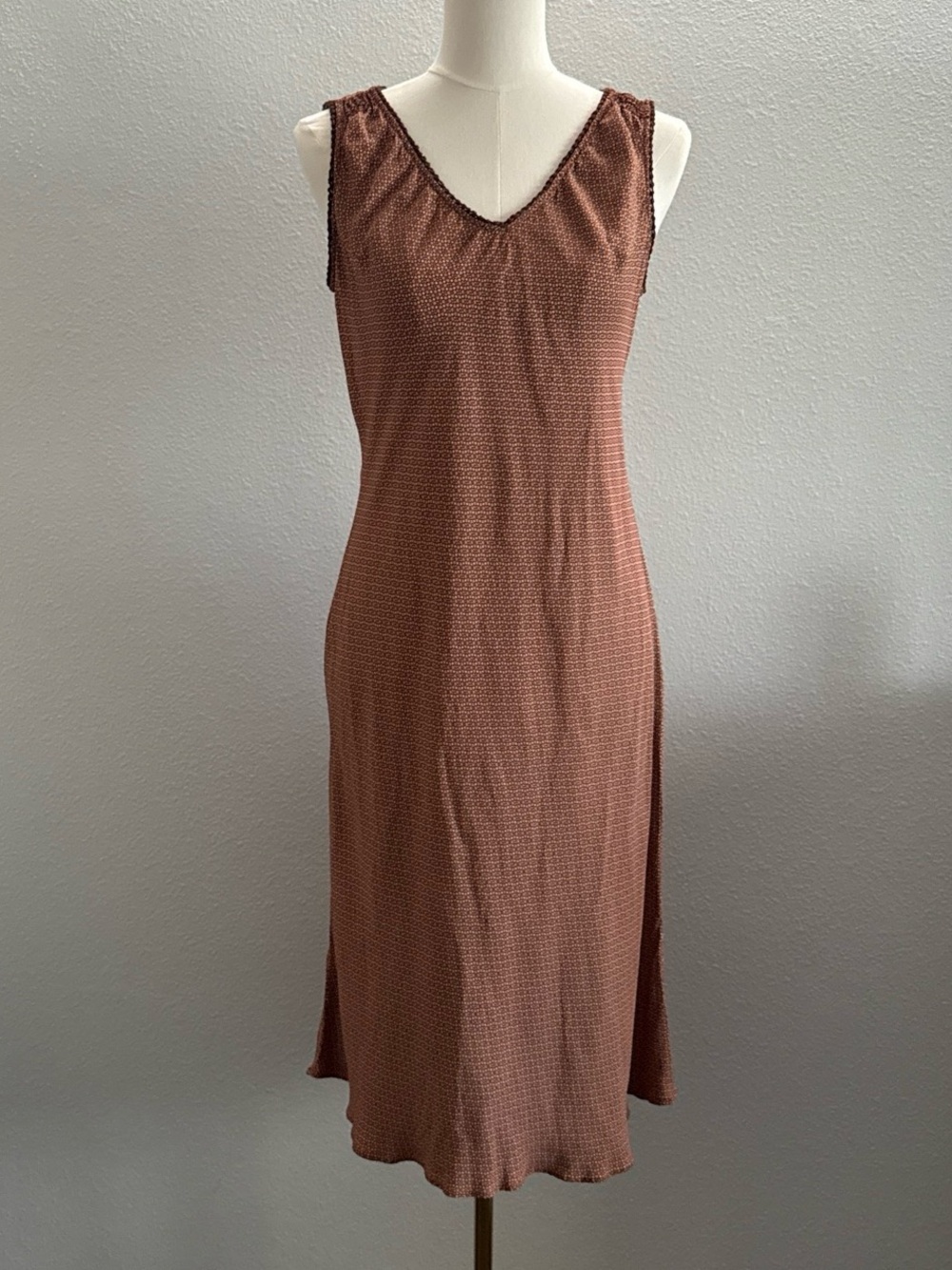 Vintage Tessuto Brown Geometric Print Bias Cut Midi Slip Dress Made in USA Sz L